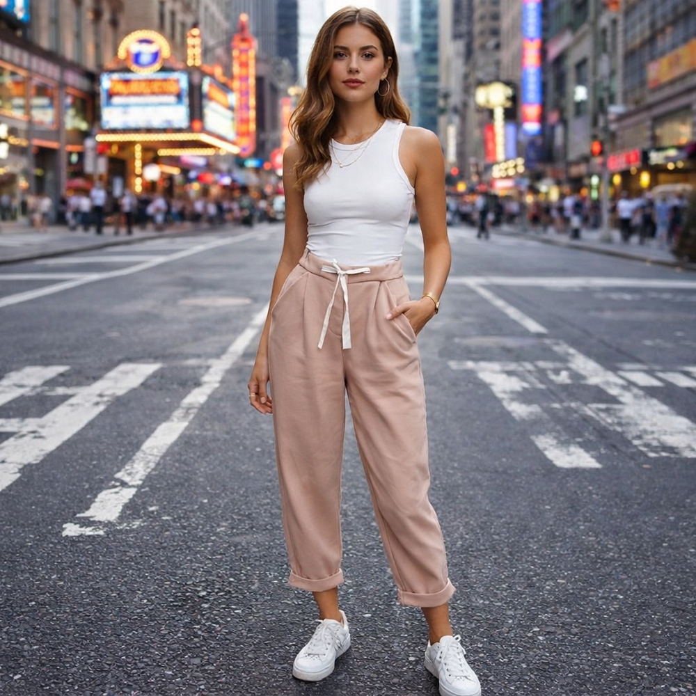 Aritzia Wilfred Blush Pink Tie Waist Pants | Cropped Casual Chic Tapered Lounge